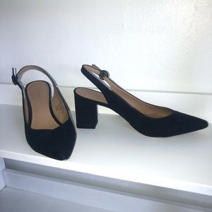 Navy slingback block heel pumps